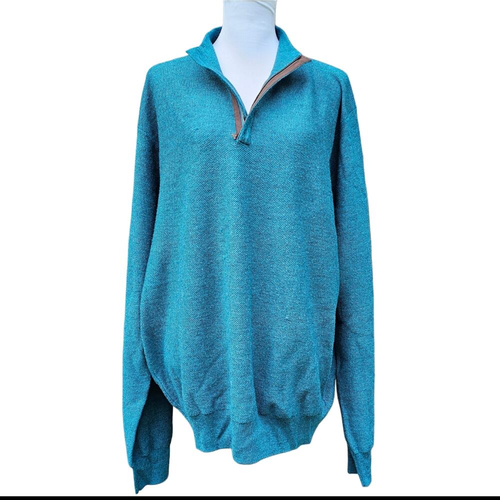 XL Peter Millar 1/4 Zip Sweater Teal Knit Mock Neck Blue-Green Merino Wool